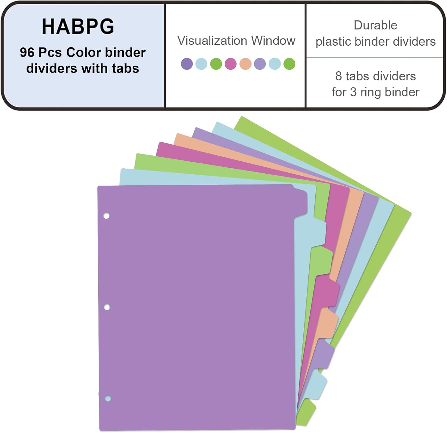 HABGP 96Pcs/12 Set Binder Dividers with Tabs, 8 Color Tab for 3 Ring Binder Dividers, Page Folder Dividers for 3 Ring Binder Sheet Paper Protectors, Plastic Tabbed File Dividers with Tabs