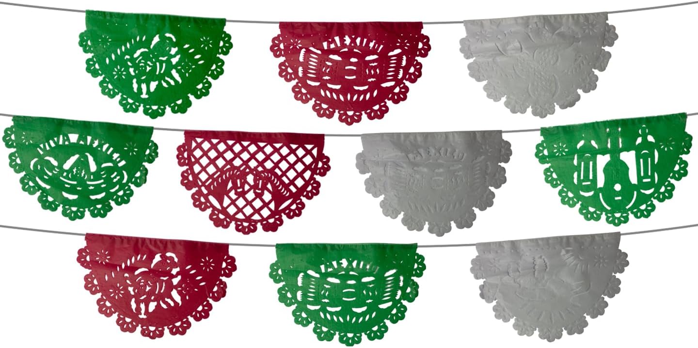 5 Pack Mexican Papel Picado Banners, 82 Ft Total, Tissue Paper Tri Color, 50 Panels, Cinco de Mayo, Dia de Los Muertos Decorations