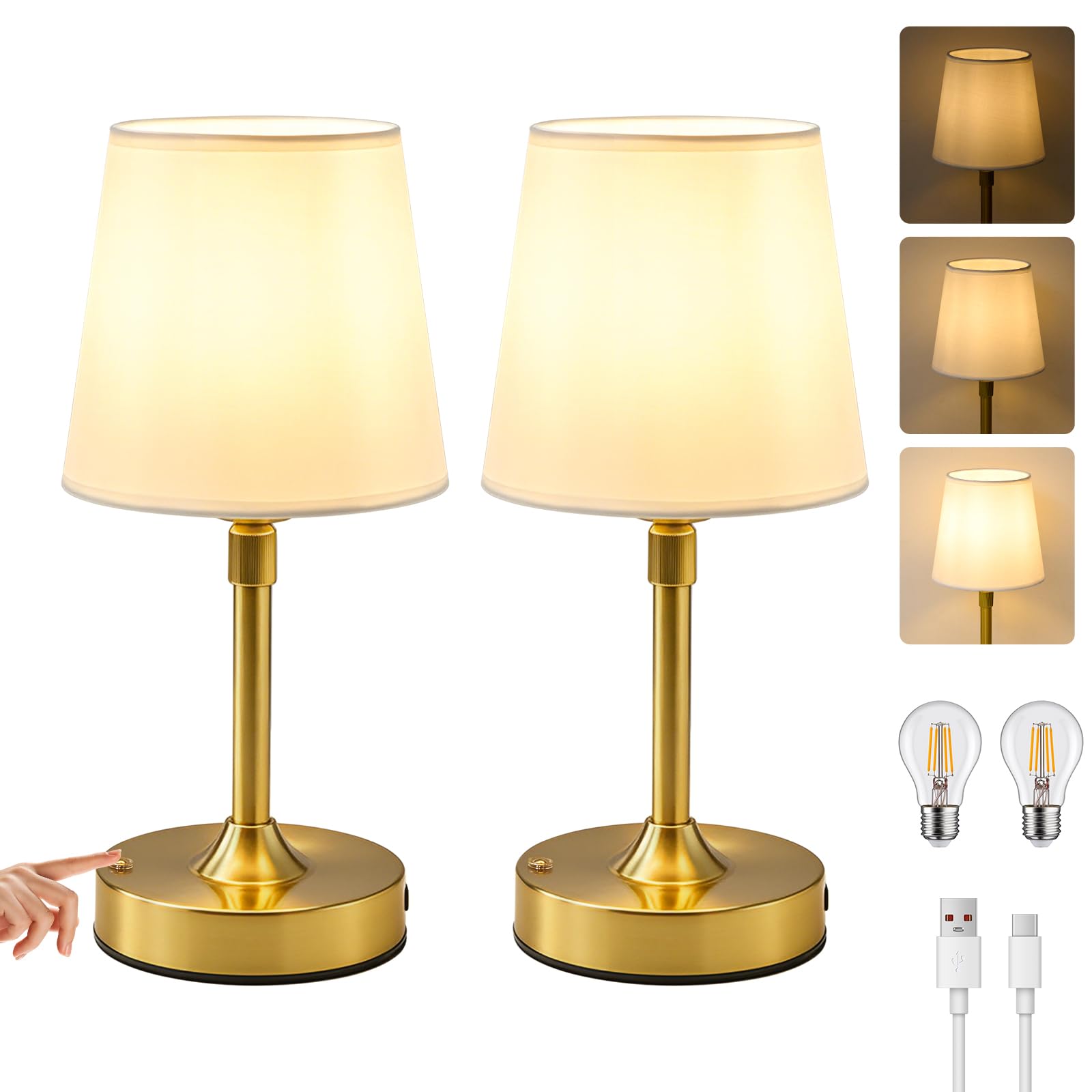 Touch Lamps Bedside Set of 2, Rechargeable Table Lamps Cordless 5200mAh, Stepless Dimmable Bedside Lamp 2800K Warm Light, Vintage Gold Table Lamp with 3D Pleates Shade Portable for Living Room Bedroom