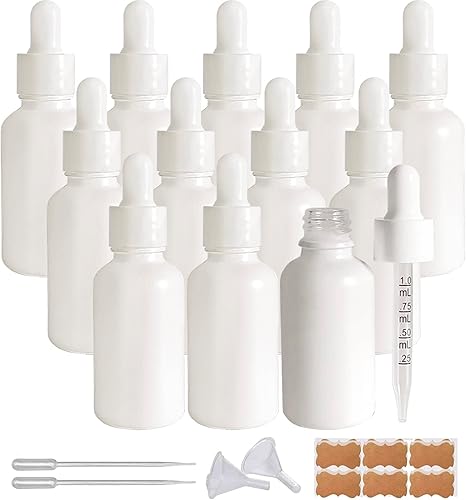 Botella cuentagotas de vidrio con revestimiento blanco de 1 oz, 12 botellas de aceite esencial de 1.0 fl oz con tapa blanca y pipetas