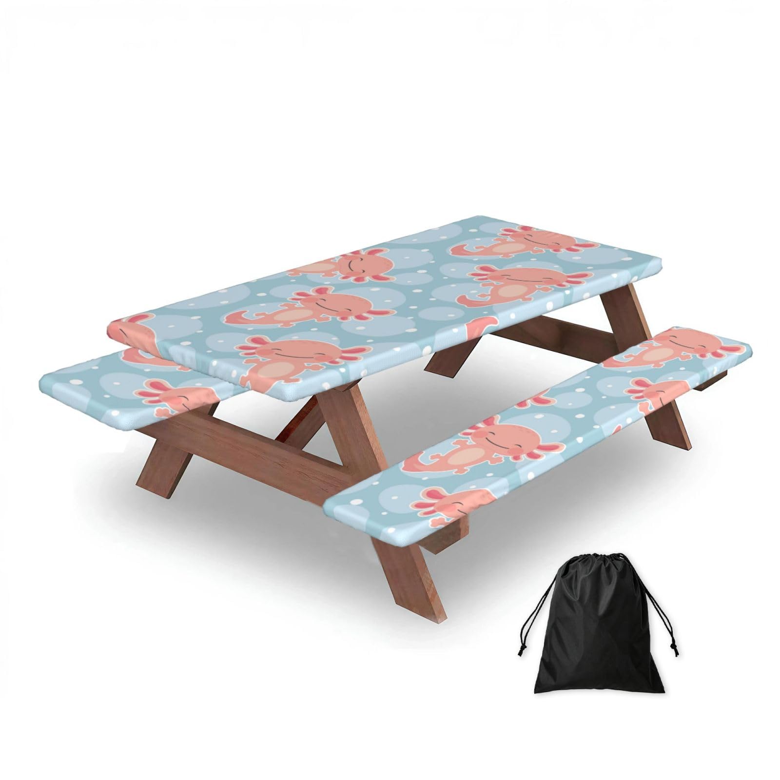 Dopklna As Picture Cute Axolotl, Picnic Table Cover With Bench Covers -Waterproof Elastic Fitted Tablecloth For Garden Camping Patio 76X152cm