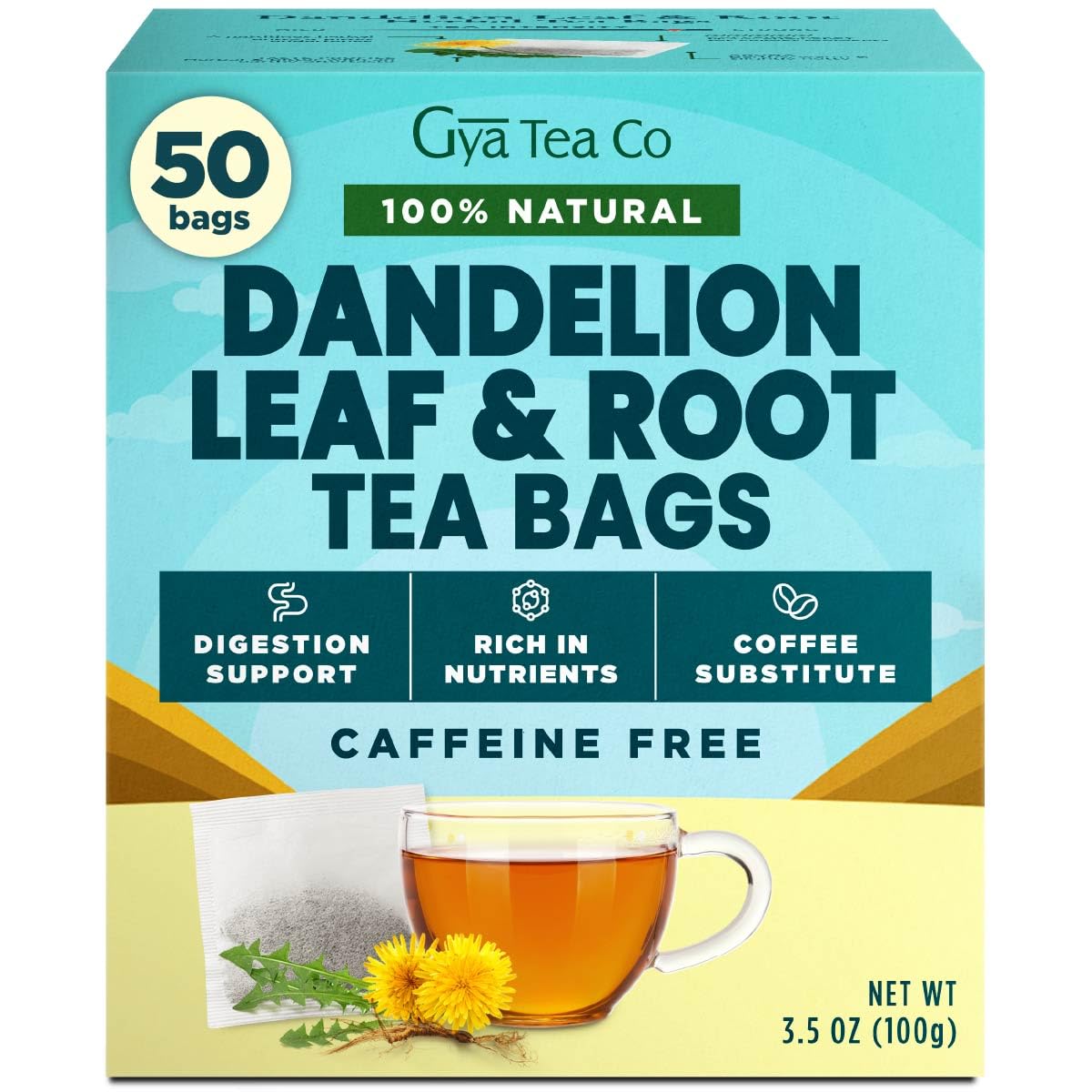 Gya Tea Co Dandelion Leaf and Root Tea (50 Bags) - Natural Decaf Dandelion Tea for Digestive Health & Wellness - Fruit & Herbal Blends