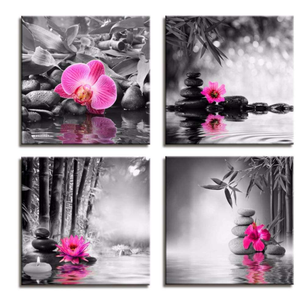 Cuadro en lienzo Blanco y negro Cartel Mariposa Orquídea Zen Piedras Arte de la pared Impresión de bambú sobre lienzo Arte moderno Decoración enmarcada en la pared 30x30cm (11.8 "x11.8") x4 Con marco