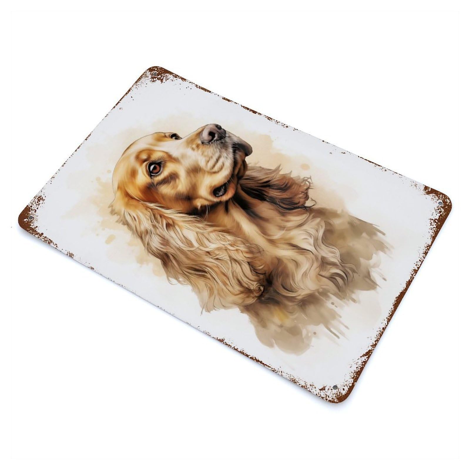 Rust Effect Tin Sign Watercolor Cocker Spaniel Portrait 11.8"x7.9", Vintage Wall Decor for Basement, Hobby Room And Garage Decor