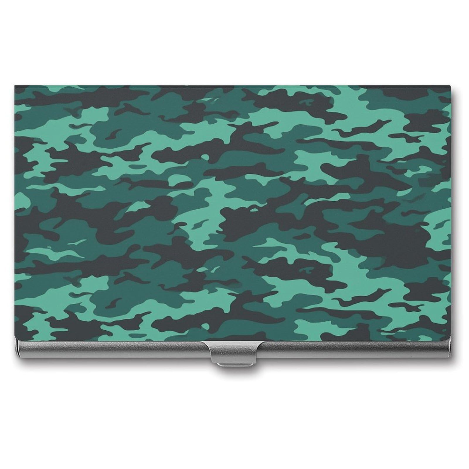 LDGSUPH Teal Camouflage Business Card Holder Fashion Slim Name Card Holder Minimalist Design Case Metal Card Carrier Personalized Business Card Case with Flip for Men Women