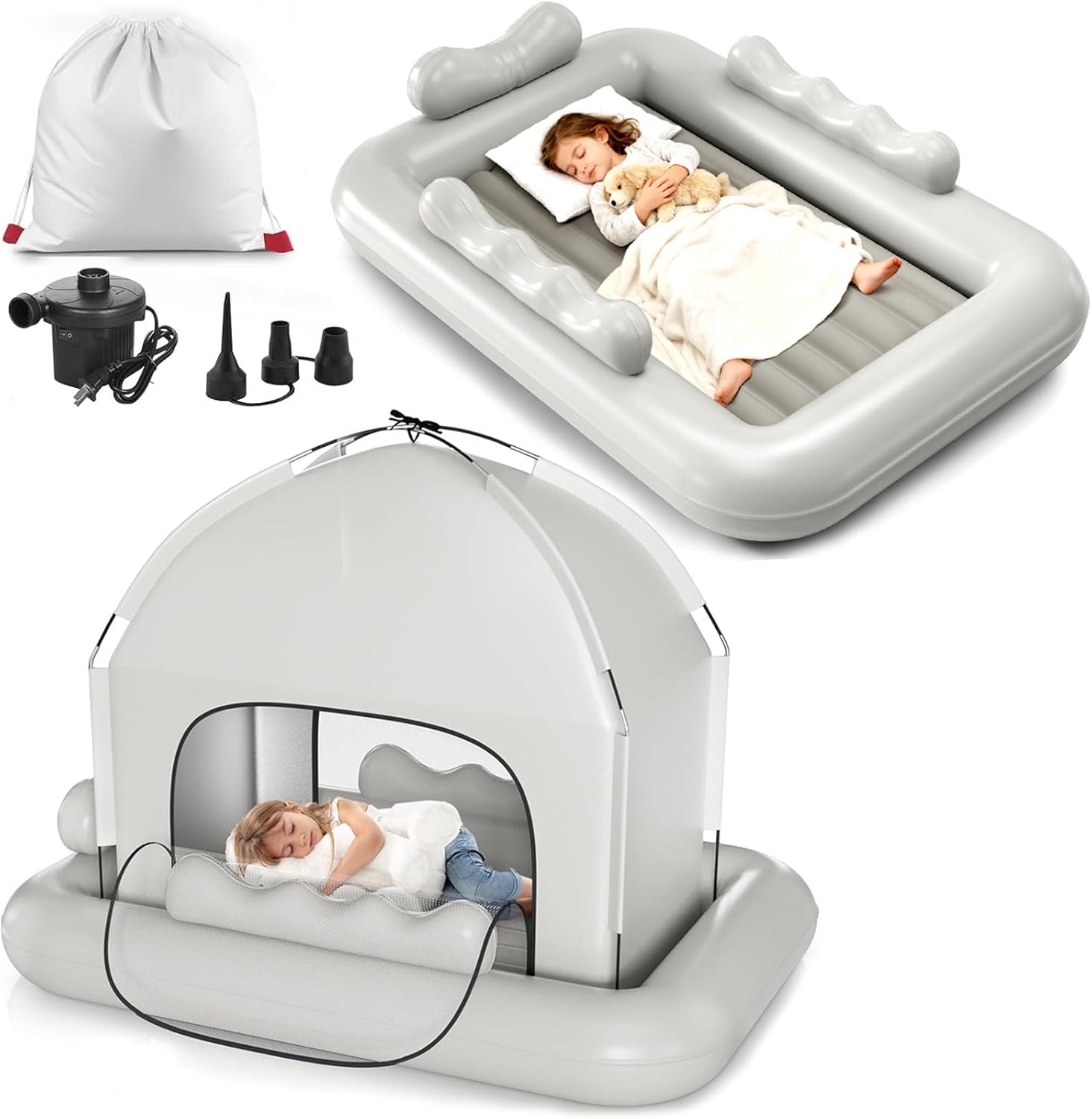 Inflatable Toddler Travel Bed with Tent – Foldable Portable Toddler Bed Cot - Blow Up Kids Air Mattress with Safety Bumper, Pump Carry Bag – Indoor Outdoor Nap Bed for Home, Camping, Hotel (Grey)