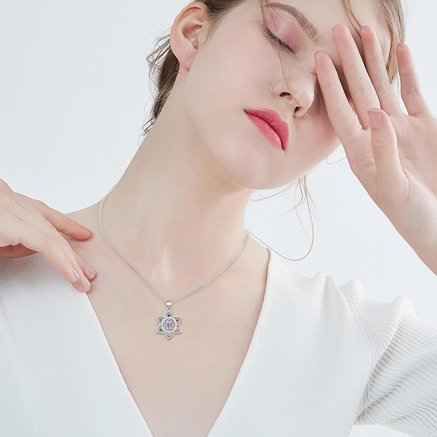 Lotus Necklace for Women Sterling Silver Chakra Flower Pendant Necklace 7 Colorful CZ Lotus Necklace Rainbow Jewelry Birthday Valentine's Day Gifts - Image 4