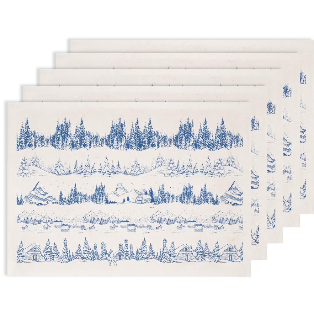 SUPERDANT 5 Pcs Pine Forest Scenery Underglaze Transfer Paper Snow Huts Ceramic Decals for Pottery Porcelain Cups Plates Vases Clay Fire-On Bowls Beginner Friendly Extra Large 52x37cm