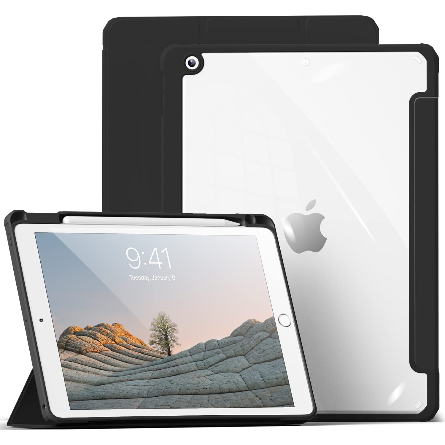 aoub Hülle für iPad 9. /8. / 7. Generation 2021 2020 2019, Smart Folio Hülle mit Stifthalter für iPad 9/8/7, Schutzhülle für i Pad 10,2 Zoll, Transparente Rückseite, Schwarz