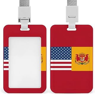 Sliding American Spain Flag Id Badge Holder with Breakaway Lanyard | Vertical Name Tag, Clear Front Window, Push Slide, Card Protector, Gift for Nurse Doctor Teacher Work Office Staff Supplies