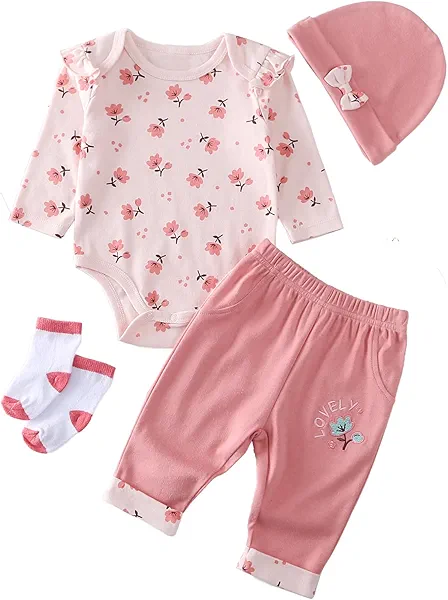 YOURDIARY Baby Girl Clothes Toddler Long Sleeve Bodysuit Pants Set with Hat and Socks Baby Clothes Set