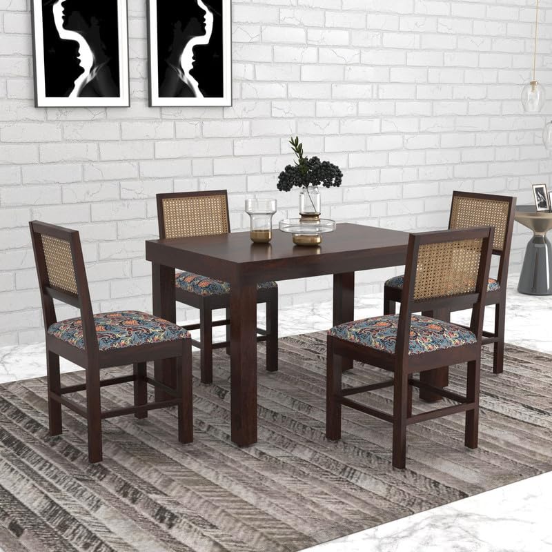 Image of VK Furniture Sheesham Solid Wood 4 Seater Dining Table Set of Four with 4 Print Cushion Cane Chairs for Dinner Hall Kitchen Living Room Home Office Restaurant |L45 X W30 X H30|Walnut Finish