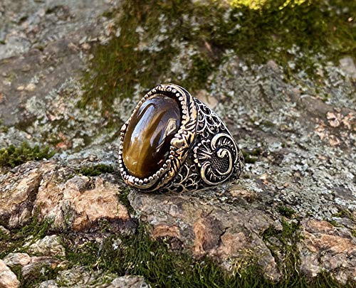 KAR 925K Stamped Sterling Silver Men Natural Tiger Eye Ring I1B4