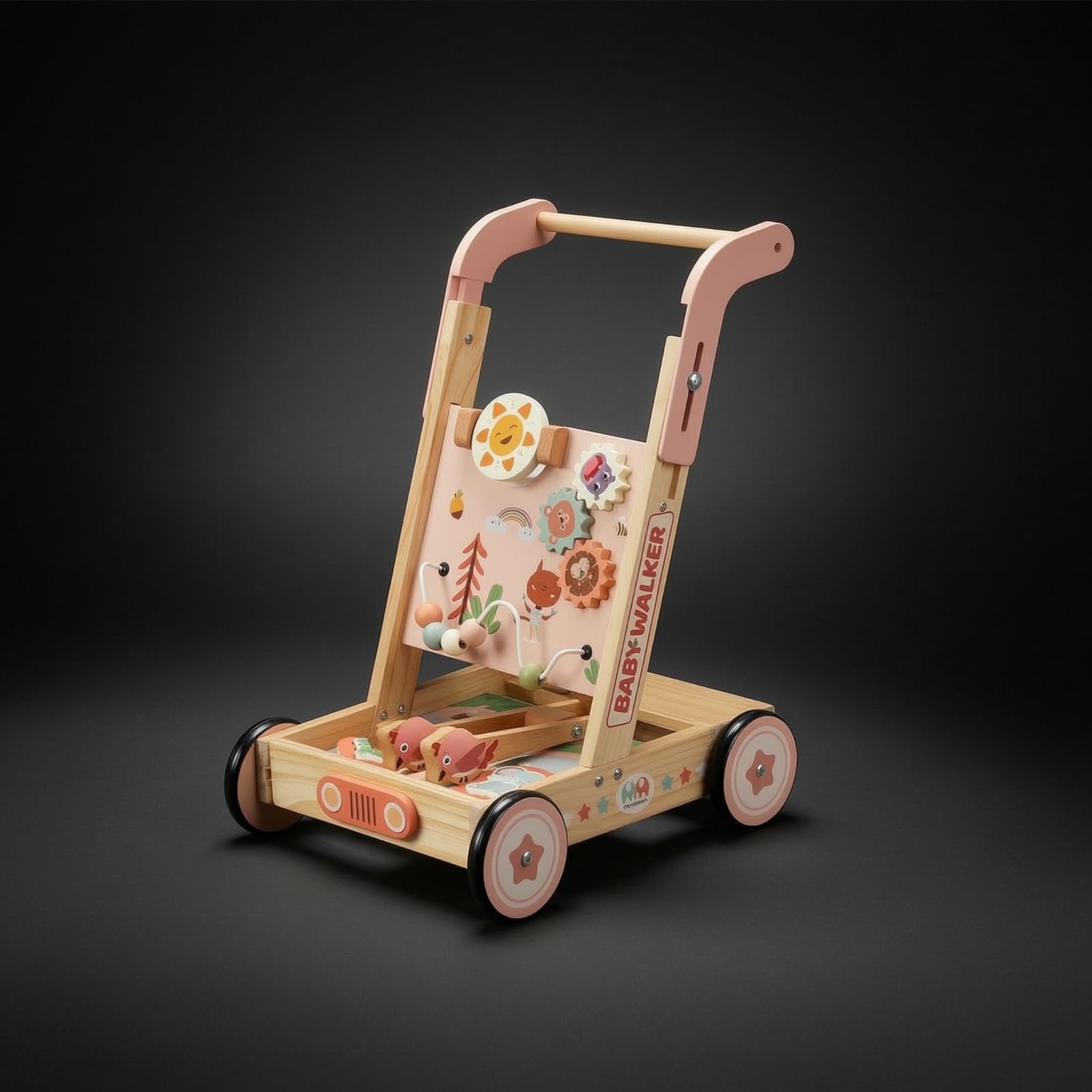 Harilla Carrello Primi Spostamenti in Legno Multifunzione Carrello Primi Spostamenti con Attività Stabile Giocattolo per Bambini Piccoli, Neonati, Asilo Nido