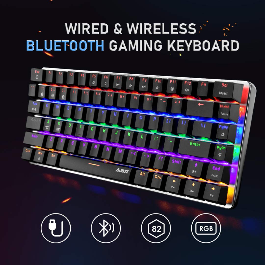 FELiCON AK33 Tastiera Meccanica Bluetooth Gaming Wireless & Wired due modalità, 3 canali di connessione Bluetooth, 18 Rainbow Backlit, QWERTY 82 Tasti anti-ghosting (interruttore blu, nero)