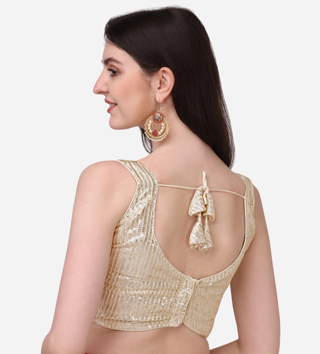 Pujia Mills Women's Multicolor Sweetheart Neck Georgette Line Soft Embroidery Sequence Zari Work Sleeves Readymade Saree Blouse (36, Cream)