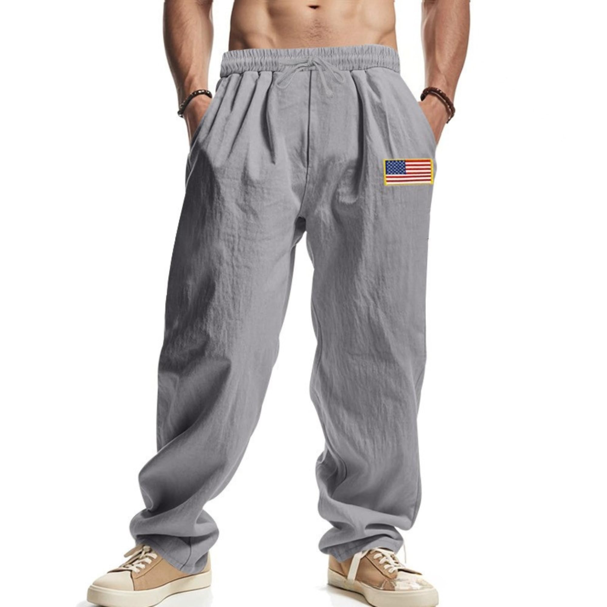 Men Summer Linen Pants USA Flag Splicing Hip Hop Pants Elastic Waist Drawstring Wide Leg Yoga Beach Trousers