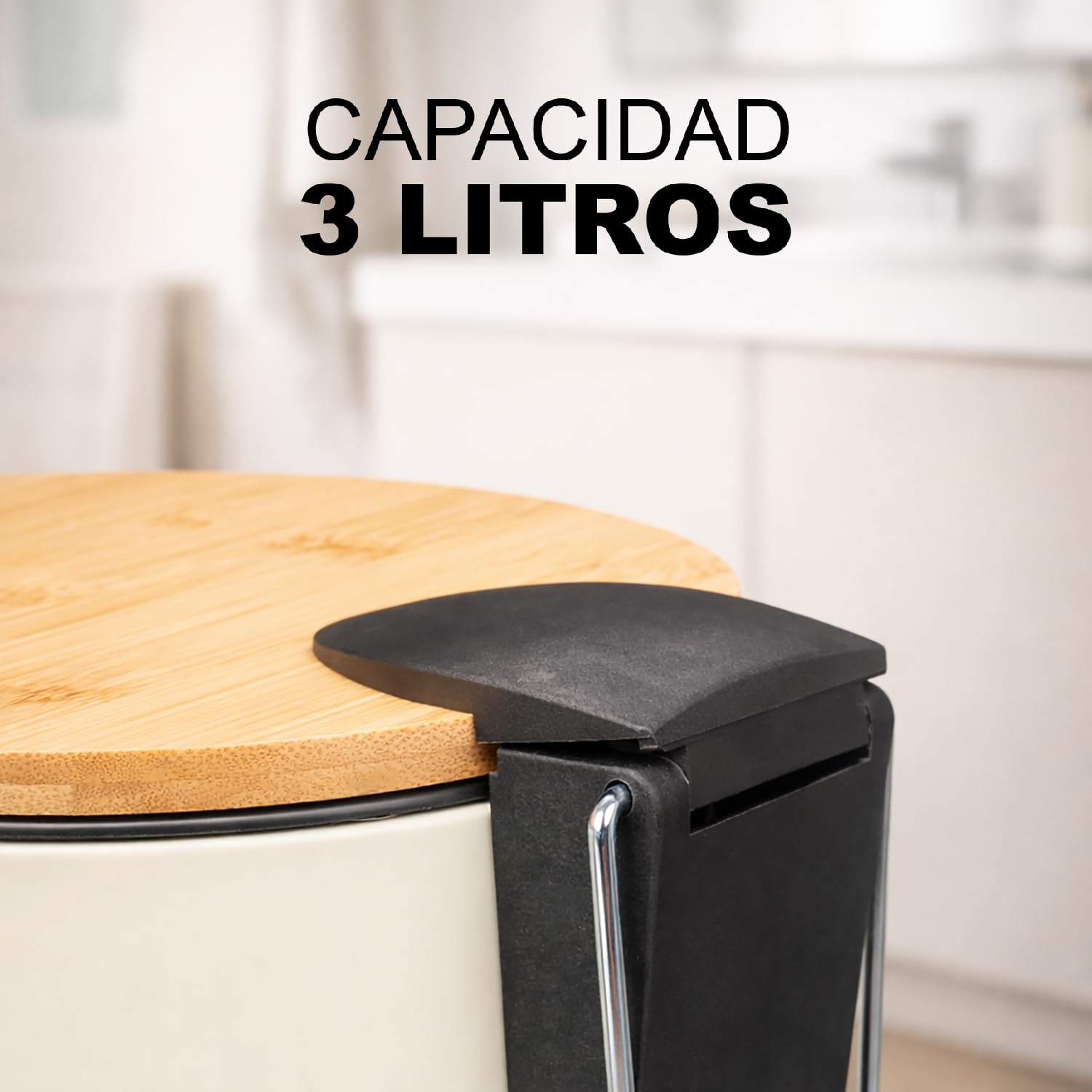 TIENDA EURASIA – Papelera Baño | Metal + Tapa de Bambú | Capacidad 3L | Medidas 17x21x23.5 cm y Cubo Interior 16.8x16.8x18.2 | con Pedal (Beige) - 3