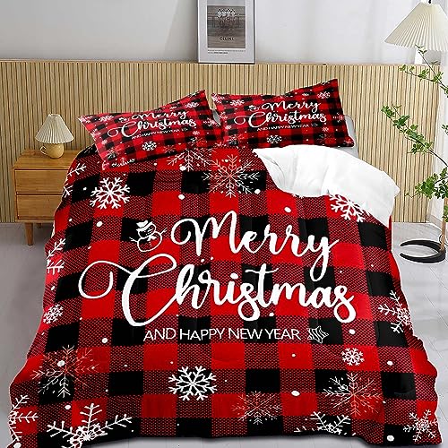 LUVIVIHOME 3PCS Merry Christmas Comforter Set Queen Size Red and Black Plaid Bedding Buffalo Check Gingham Checker Microfiber Quilt Snowflake Happy New Year Christmas Bedroom Decor 2 Pillow Shams