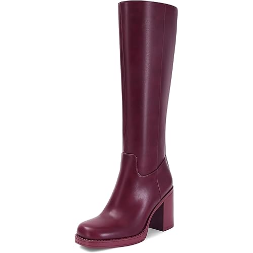 Knee High Boots for Women Chunky High Heel Round Square Toe Elastic Winter Fashion Long Tall Side Zipper Boots