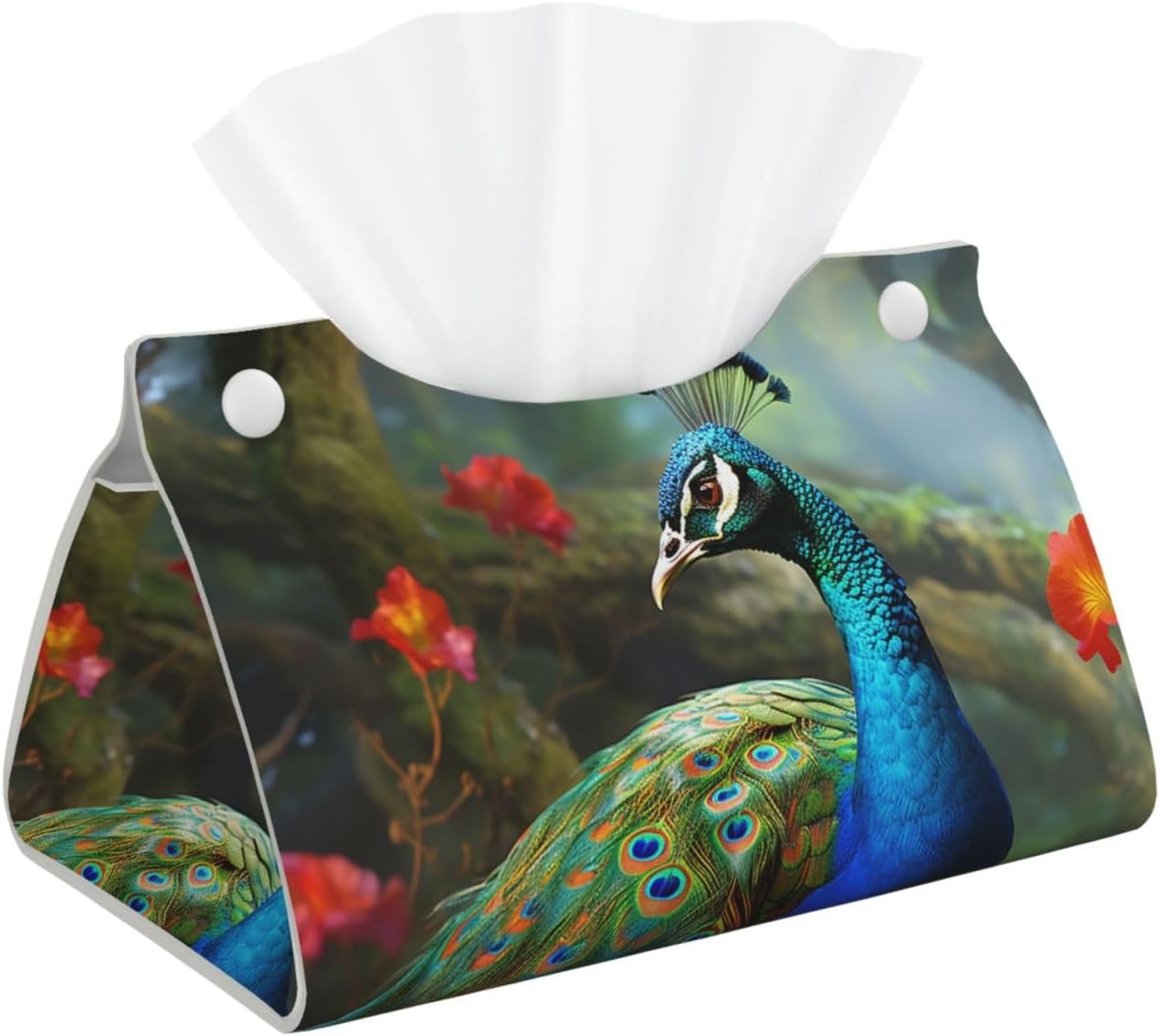 Colorful Peacock Tissue Box Cover Rectangle, Modern PU Leather Tissue Holder for Bathroom, Decorative Stylish Wipes Dispenser Paper Cover Case Napkin Holder for Home Decor
