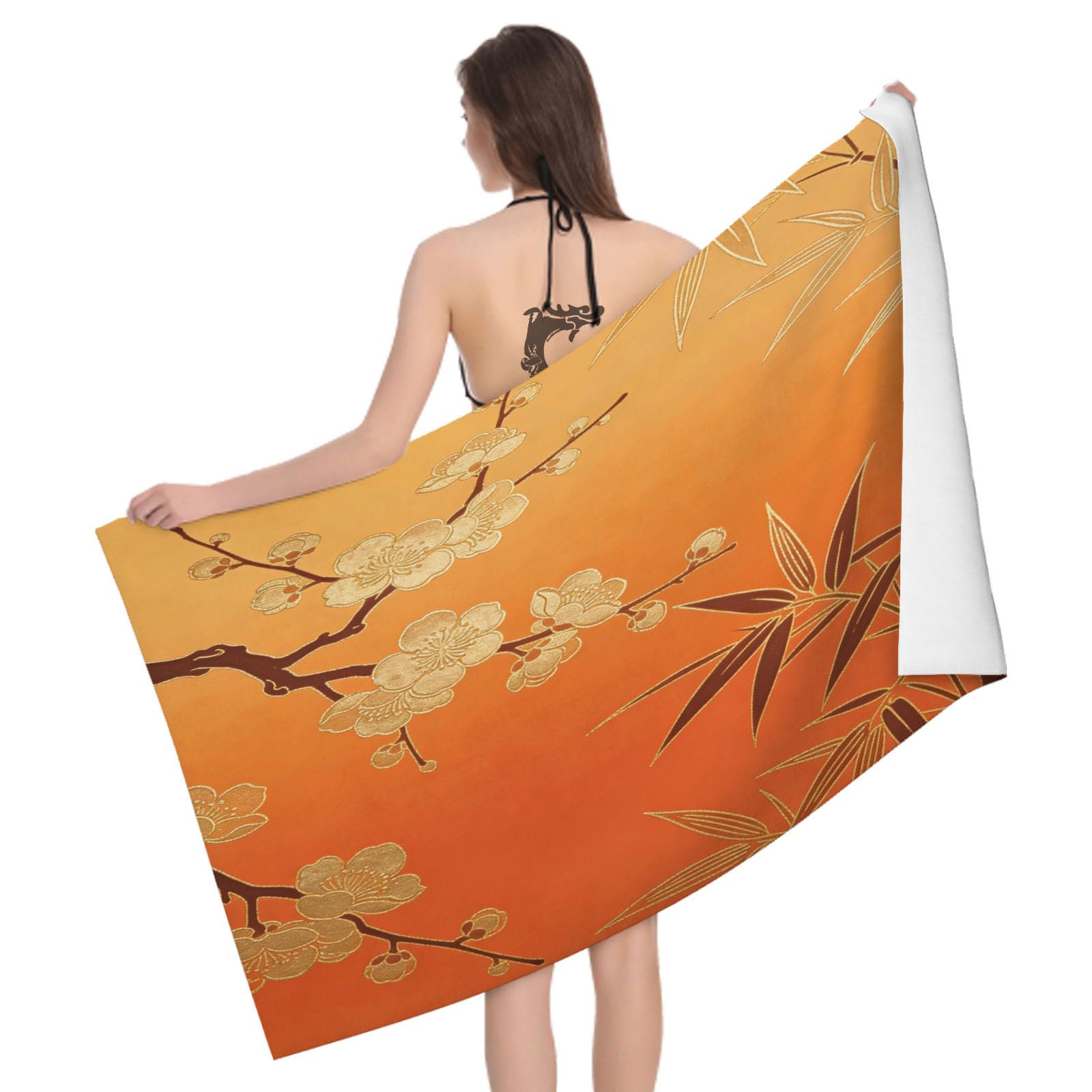 Leichong 3D Bamboo Beach Towel Large Microfiber Soft Quick Dry for Adults, Oriental Aesthetics Bath Towel Lightweight Soft Absorbent for Travel Swimming Pool Sports, 80 x 160 cm