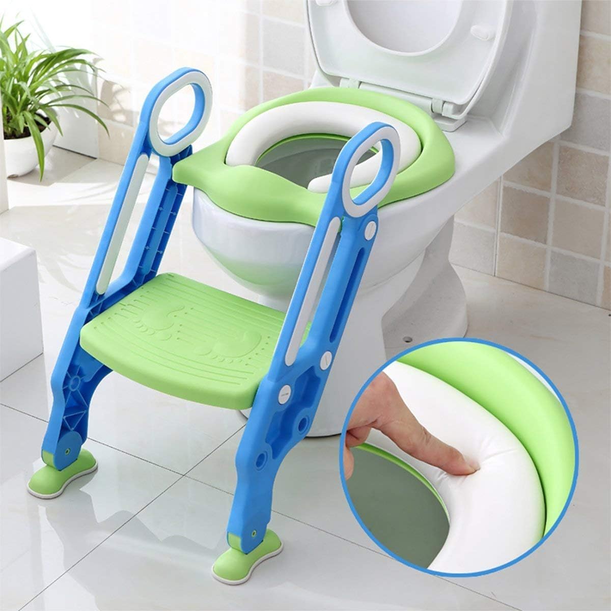 DZJ Mangohood Potty Training Toilet Seat with Step Stool Ladder for Boy And Girl Baby Toddler Kid Children Toilet Training Seat Chair with Padded Seat Non-Slip Wide Step,Blue+Green