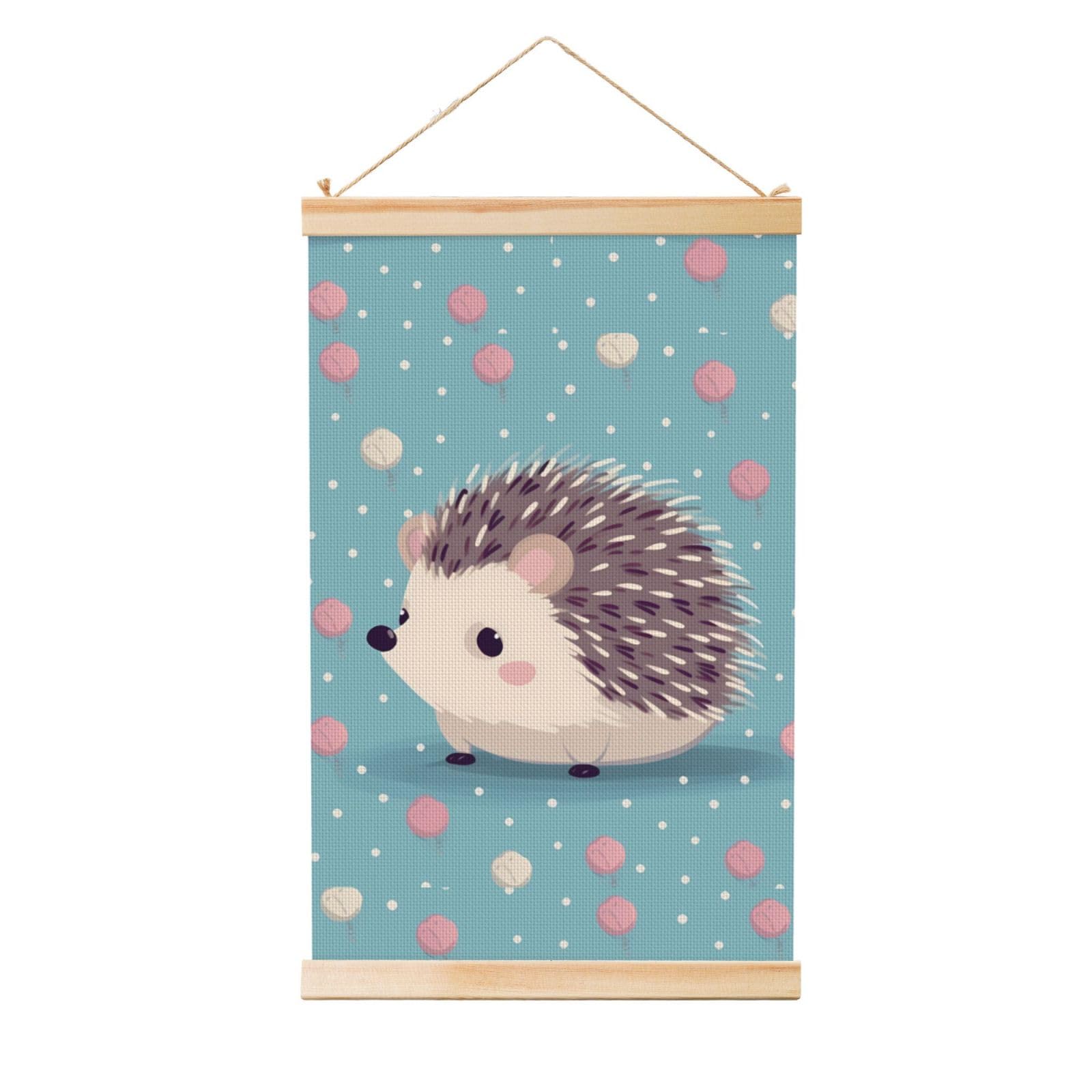 Hedgehog Polkadot Poster Wooden Shaft Hanging Poster Wall Hanging Banner Canvas Artwork with Wood Frames 20"x30" Modern Artwork Decor Ready to Hang Wall Art for Home Decor Scroll Painting