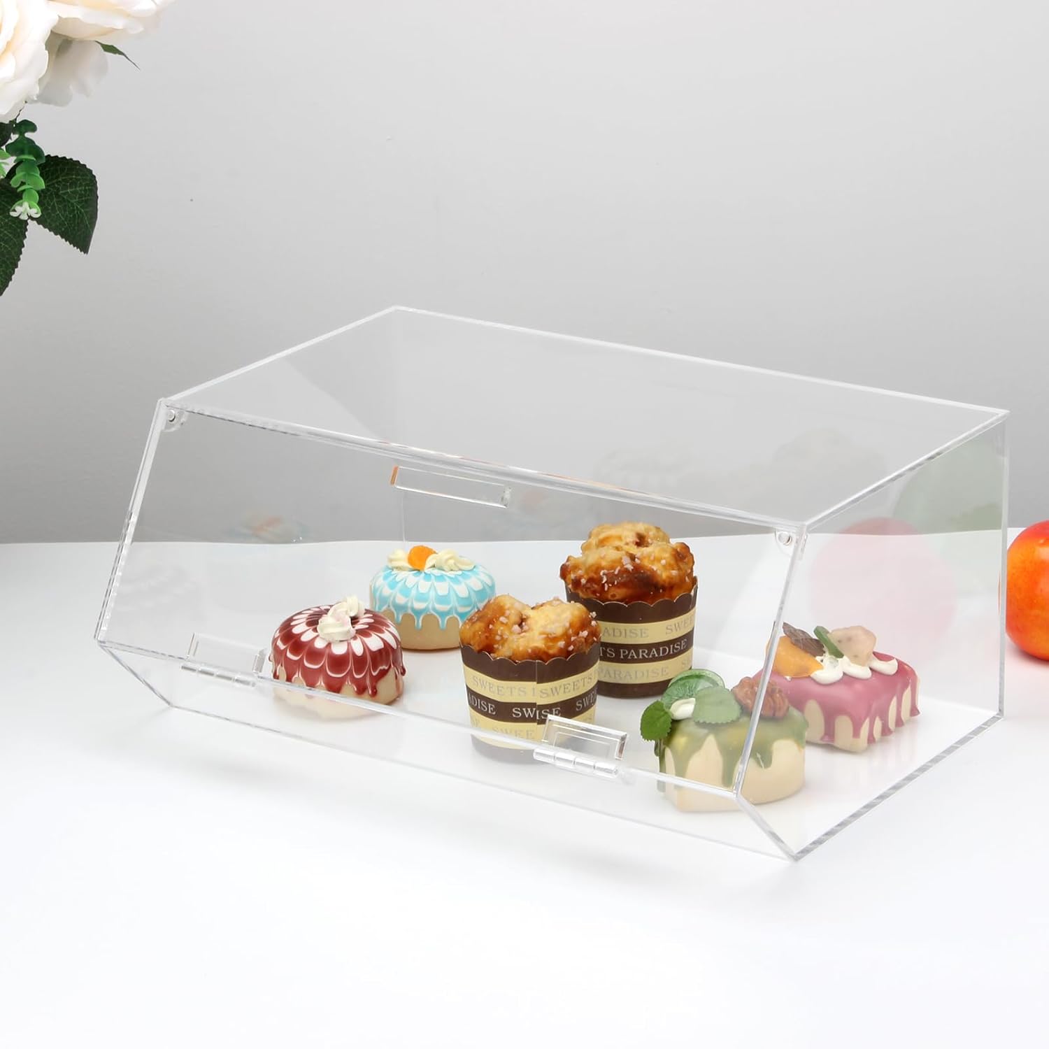 Acrylic Stackable Bakery Box with Non-Slip Mat, Pastry Display Case, Kitchen Pastry Container Display, Portable Storage Holder Stand for Baked Goods, Fruits, Vegetables, 15.3" x 10.4" x6.7"