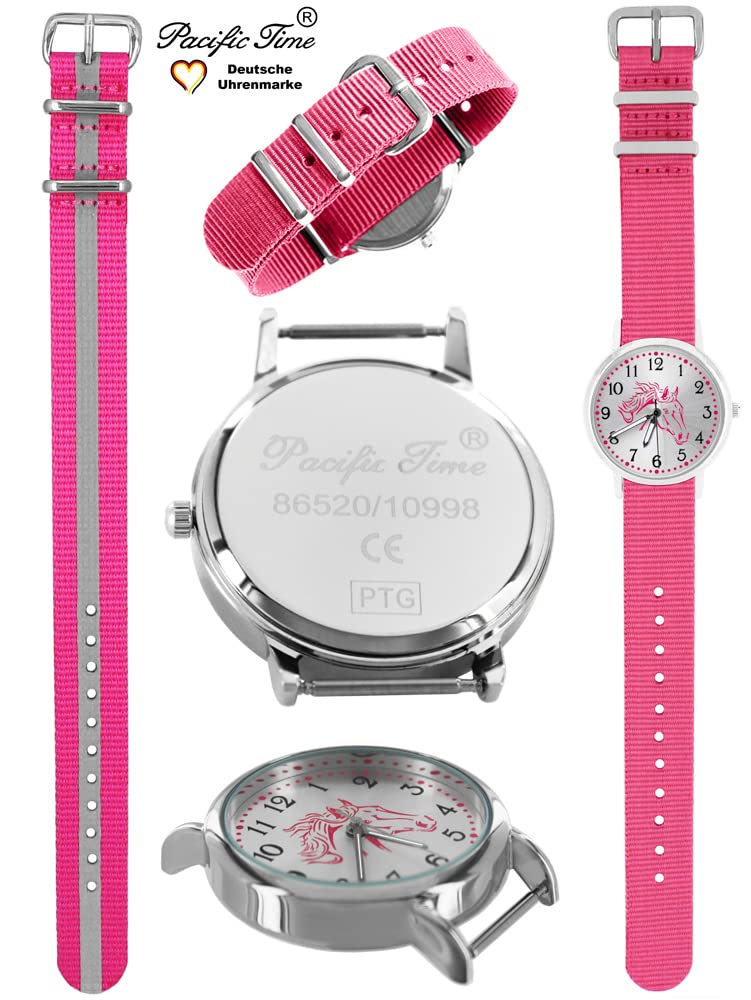 Pacific Time Kinderuhr Mädchen Pferdeuhr rosa Pferdekopf 2 Armbänder | Geschenk für Mädchen: rosa Pferdekopf, Sunray-Zifferblatt, 2 Armbänder, fluoreszierende Zeiger, 5 ATM wasserdicht