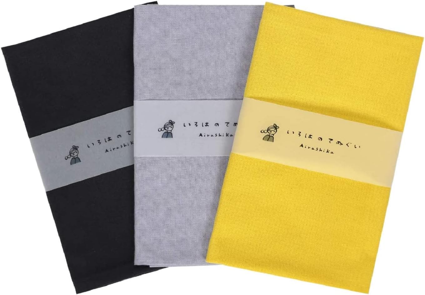 KOMESICHI irodori Japanese Traditional Towel Tenugui Color Plain Pattern C (Dark Black, Gray, Yellow) with Fray Prevention Processing Set of 3 with Tenugui Iroha (English Manual)