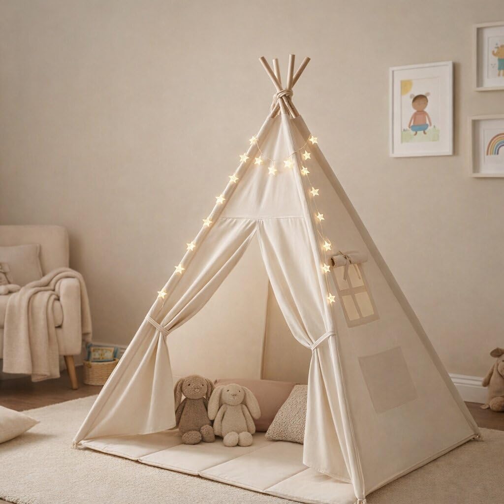 Tipi Enfant 120x120x160cm – Tipi Intérieur Coton Naturel EN71 – Cabane Enfant Chambre Garçon Fille – Tapis de Sol et Guirlande – Cadeau Anniversaire 2-10 Ans