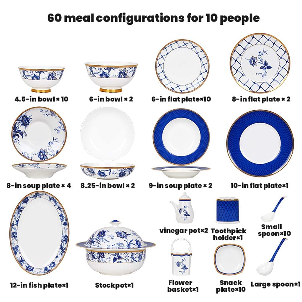 Service de Table en céramique pour la Maison, 60 pièces, Service de Table Haut de Gamme en Porcelaine Anglaise, Assiette/Bol/Pot à Soupe - Ensemble combiné en p(