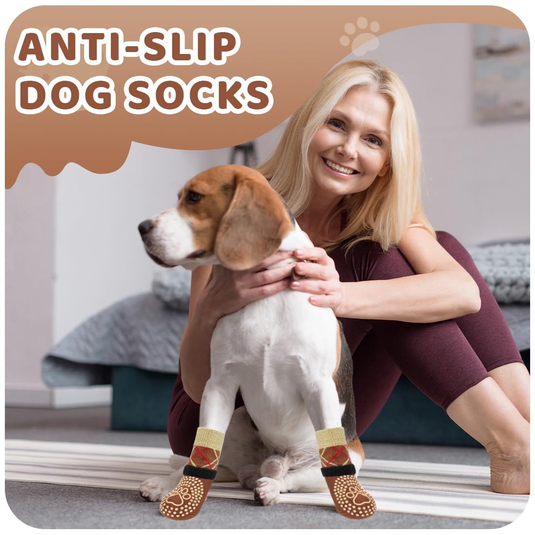 4 Pezzi Calzini Antiscivolo per Cani,Proteggi le Zampe del Cane, Impermeabili,Con Cinturini Regolabili e Silicone su enTrambi i lati,Per uso Interno ed Esterno, L