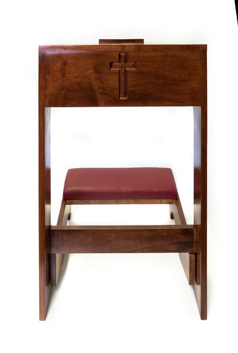 Padded Prayer Church Kneeler with Shelf and Carved Cross on Front Panel, 32 Inch (Walnut Finish)