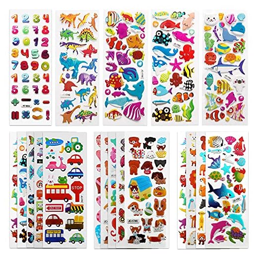 SAVITA Stickers for Kids 500+ Pack de variétés d'autocollants Puffy, Autocollants Puffy 3D Comprenant des Lettres, des Chiffres, des Papillons, du Poisson, des Dinosaures et Plus