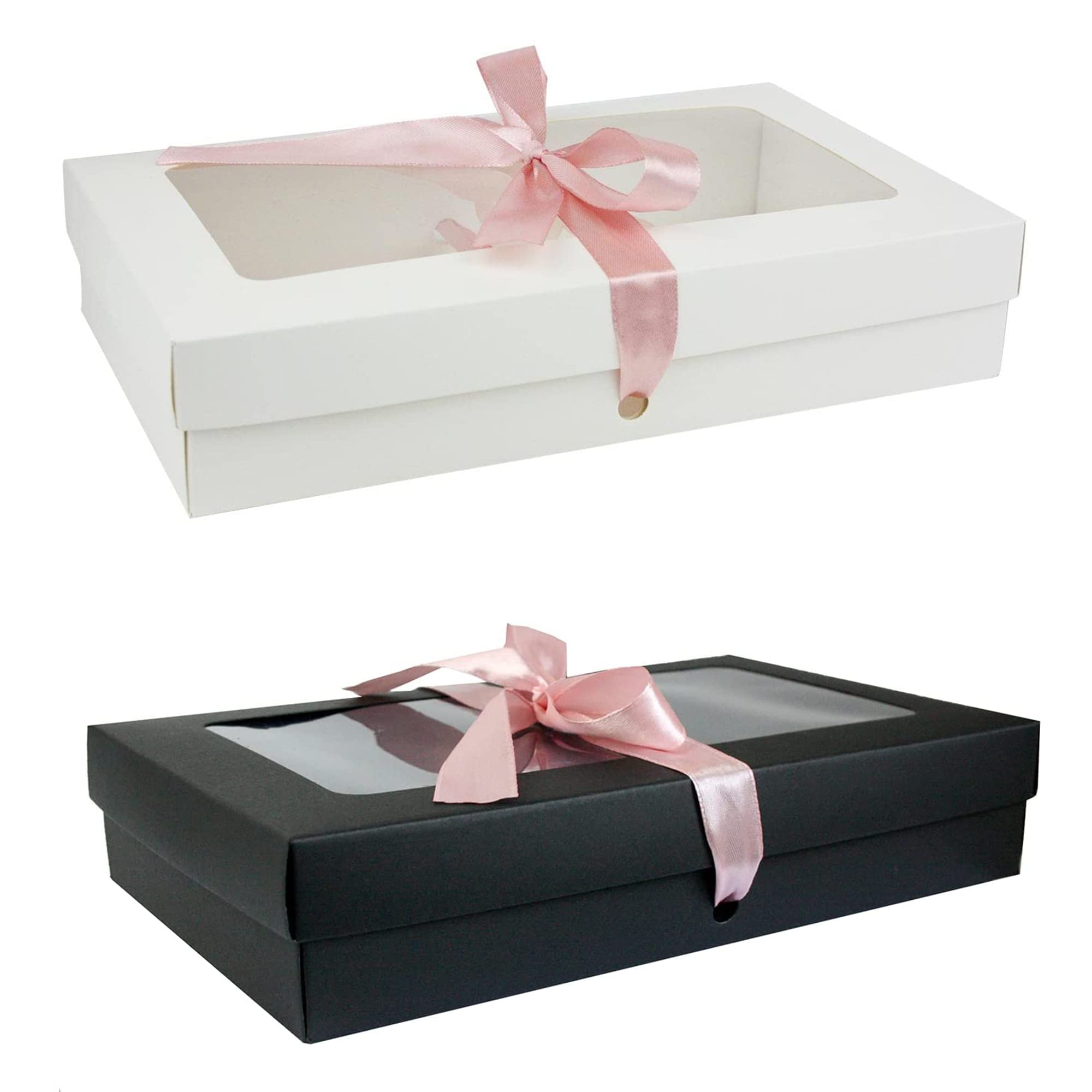 Emartbuy Pack of 12 White and Black Gift Boxes with Clear Window Lid & Baby Pink Satin Ribbon - Medium-Large 27 x 16 x 6 cm - Recyclable Kraft Presentation Box for Hampers, Treats, Weddings & Favours