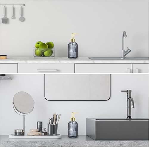 Miniatura 5 de uxcell Juego de dispensadores de jabón  Paquete de 2 dispensadores de jabón de manos de vidrio de 13.5 onzas con bomba dorada para cocina y baño,