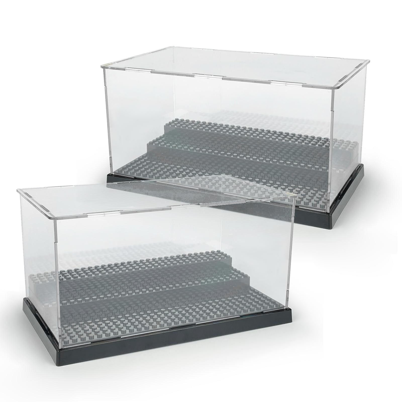 2 Pack Acrylic Display Case for Minifigures - 3-Tier Movable Step Showcase with Dustproof Cover | for LEGO Action Figures, Building Blocks & Collectible Models (Black)
