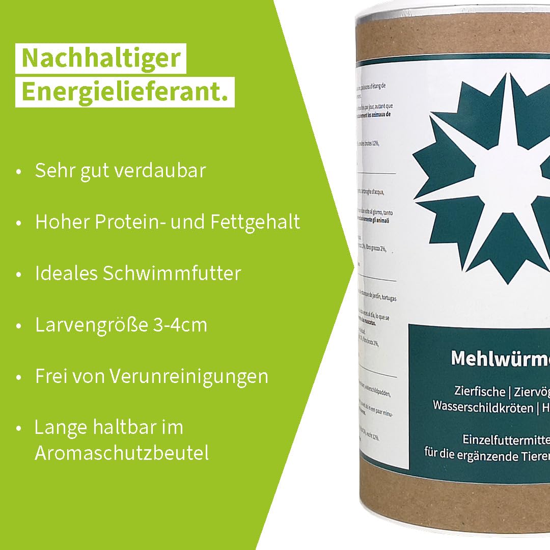 Mehlwürmer getrocknet - Natürliches Insekten-Futter für Zierfische, Zier-Vögel, Schildkröten, Igel (5L = 850g)