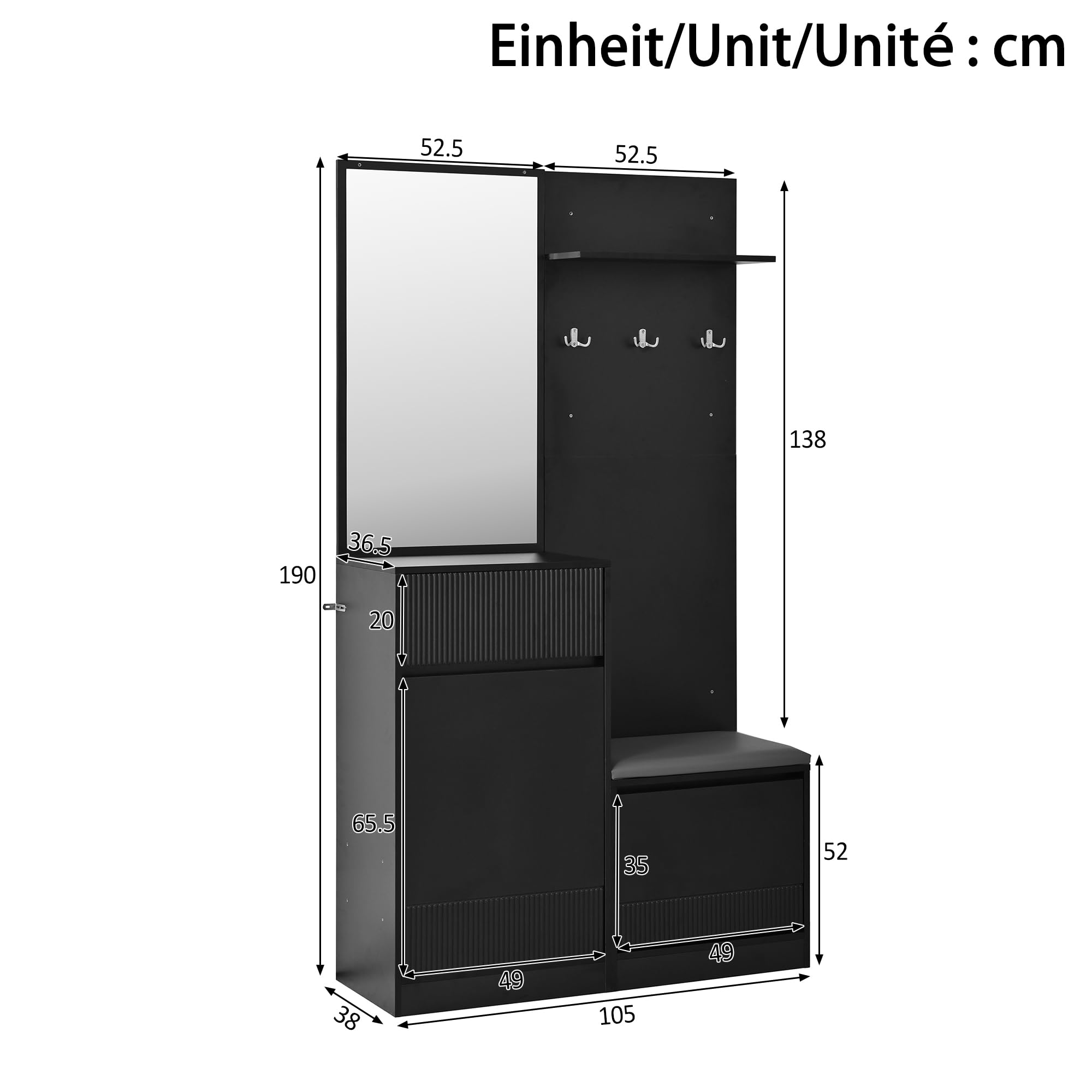 Generisch Kompaktowa garderoba z lustrem LED ławka na buty 105 x 38 x 190 cm czarna