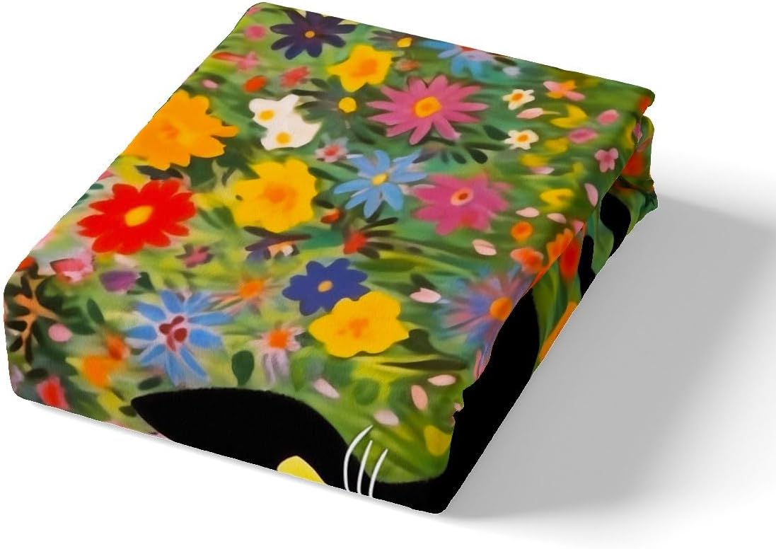 Cute Cat Fitted Sheet Twin Size,Colorful Flower Spring Garden Bedding Set for Kids Girls Boys Teens Room Decor,Black Pet Animals Botanical Bed Sheet Romantic Vintage Rustic Deep Pocket Sheet 2Pcs