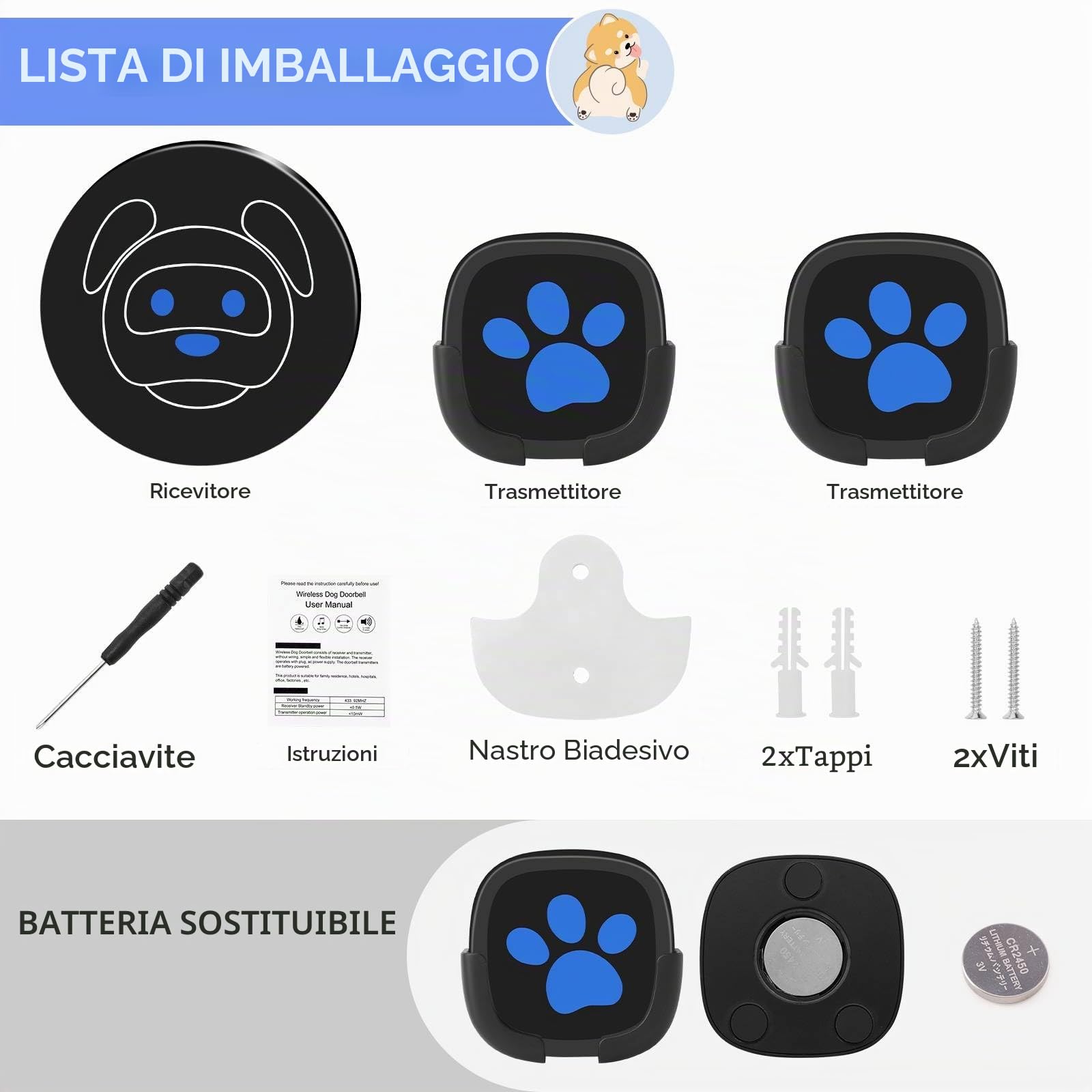 Campanello per Cani Whimsii, Campanello Wireless per Uscire, Pulsanti Impermeabili IP55, 55 Melodie, 4 Livelli di Volume e Portata di 950 Piedi (Nero, 1 Ricevitore, 2 trasmettitori)