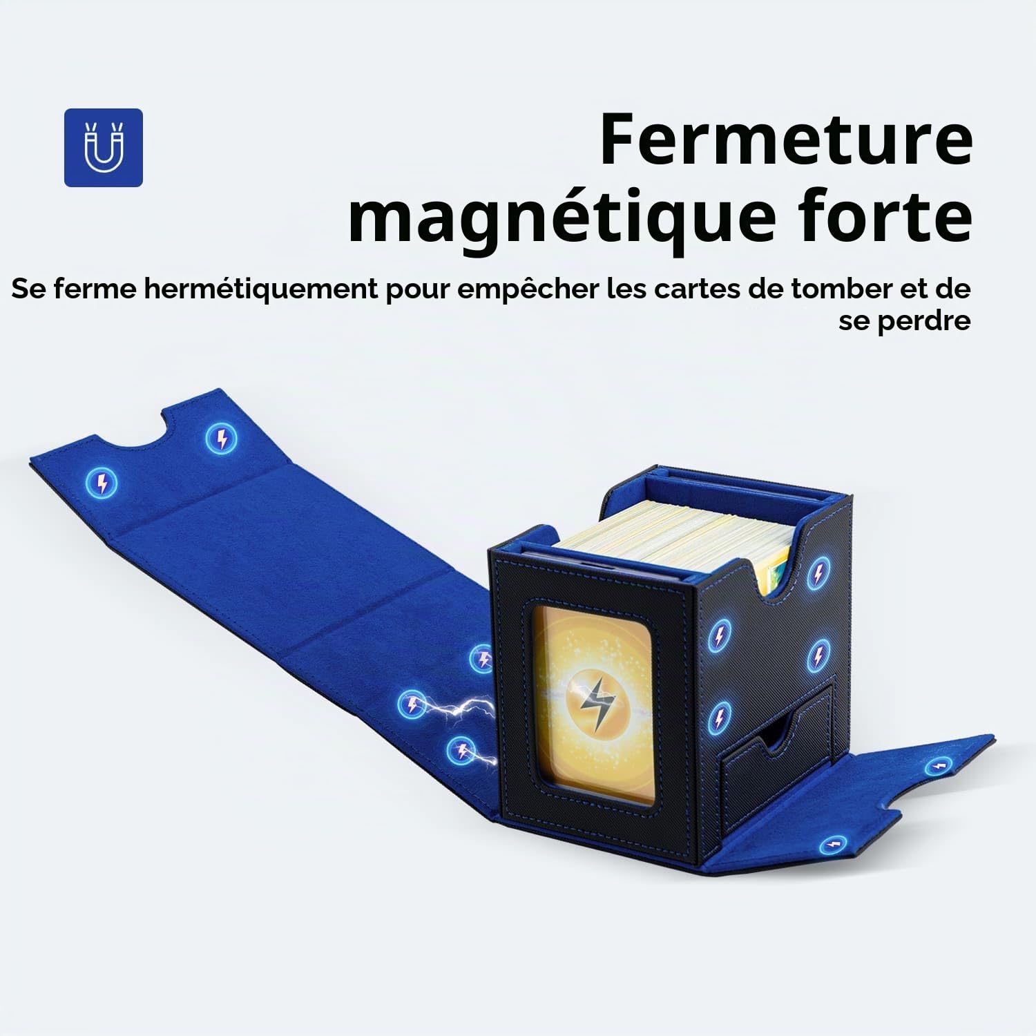 Boîte de Rangement Magnétique en Cuir PU pour 100 Cartes MTG, 2 Présentoirs Commander avec Tiroir, Card Deck Box Pour Cartes Magic Commander TCG - Bleu