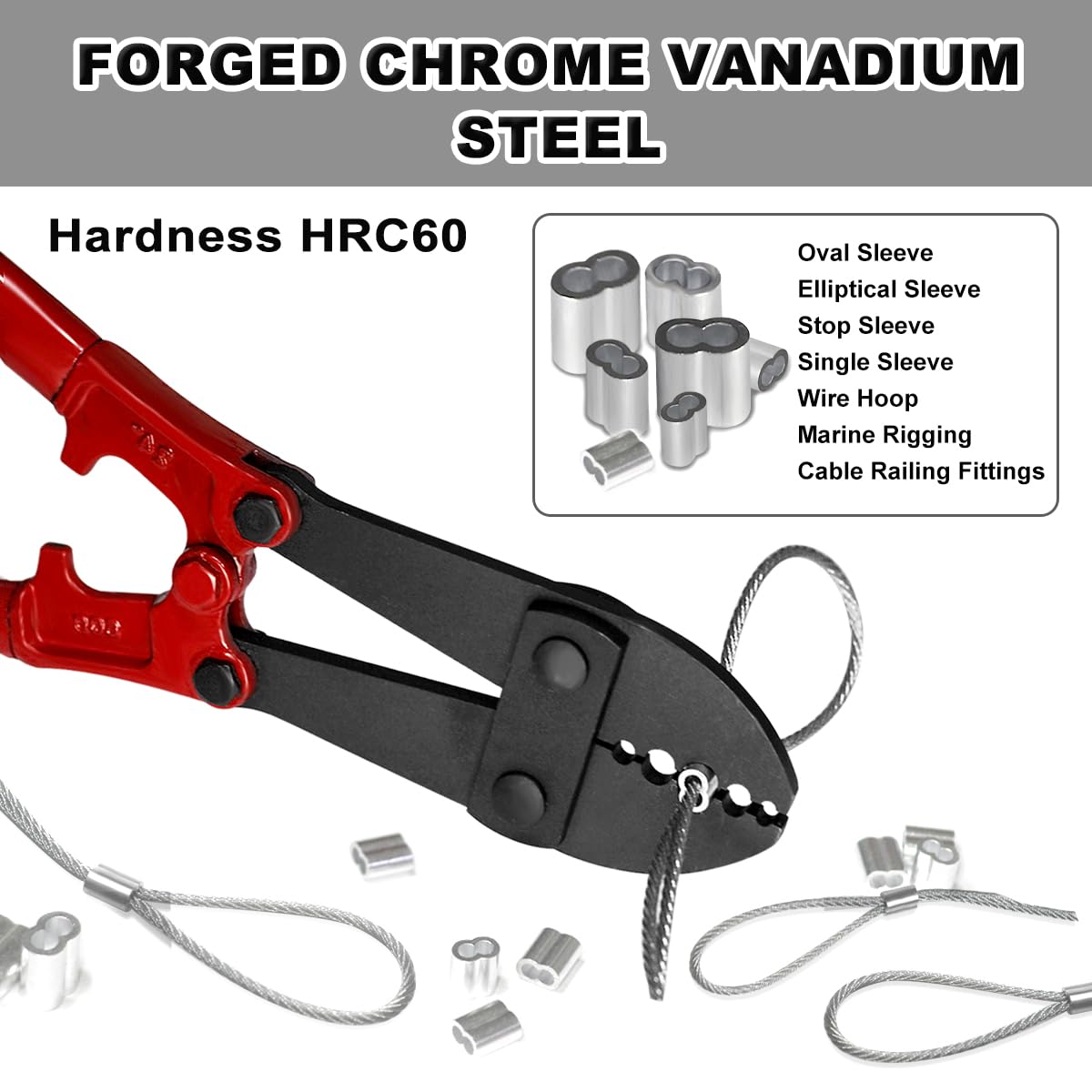 Wire Rope Crimping Tool For Cable Railings - 4 Size Cavities For Oval Sleeves & Ferrules