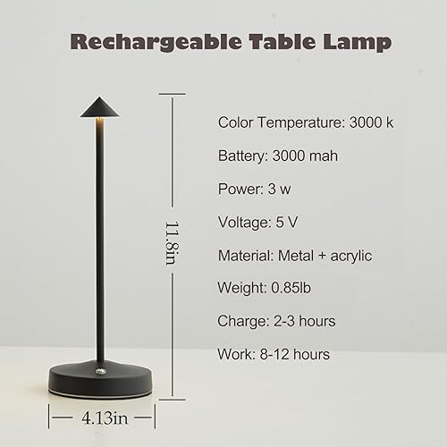 Miniatura 7 de Lámparas inalámbricas recargables, lámpara de mesa con batería de 3000 mAh, LED portátil táctil de 2 niveles de brillo, lámpara de barra regulable,