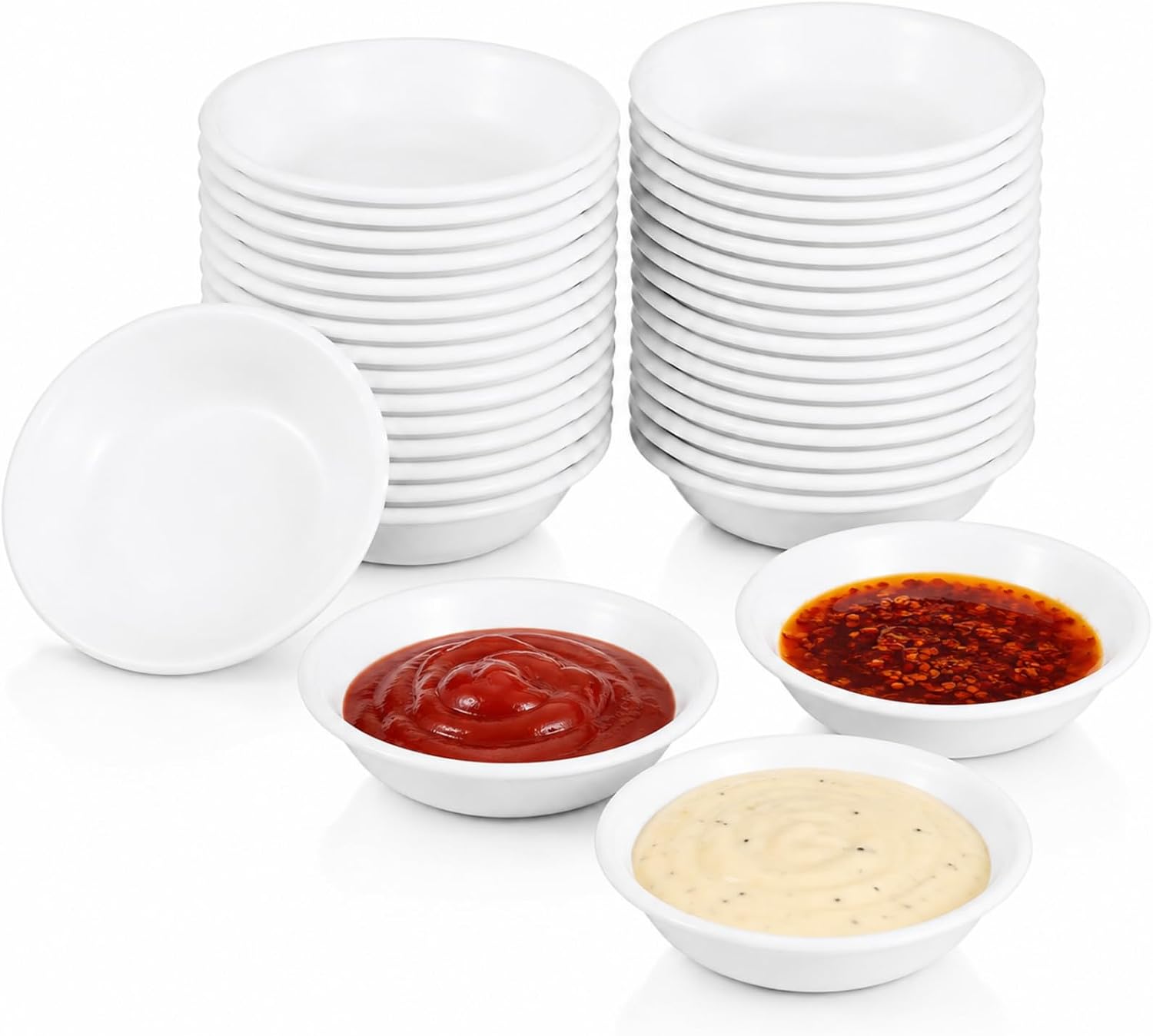 Zerodeko 20pcs Dipping Bowls, White Plastic Round Soy Sauce Dishes, Mini Condiment Bowls for Sauces, Ketchup, Vinegar, Chili Oil, Sushi, BBQ Party, Family Dinner and Restaurant Serving