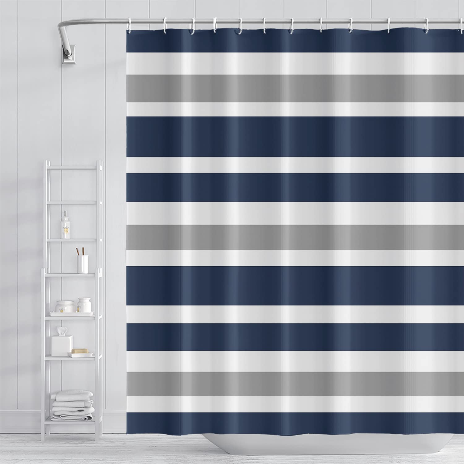 Umpoo Stripes Fabric Bathroom Curtain Dark Blue Grey Modern Minimalist Shower Curtain with Hooks Polyester Waterproof Abstract Artistic Decor, 72x78
