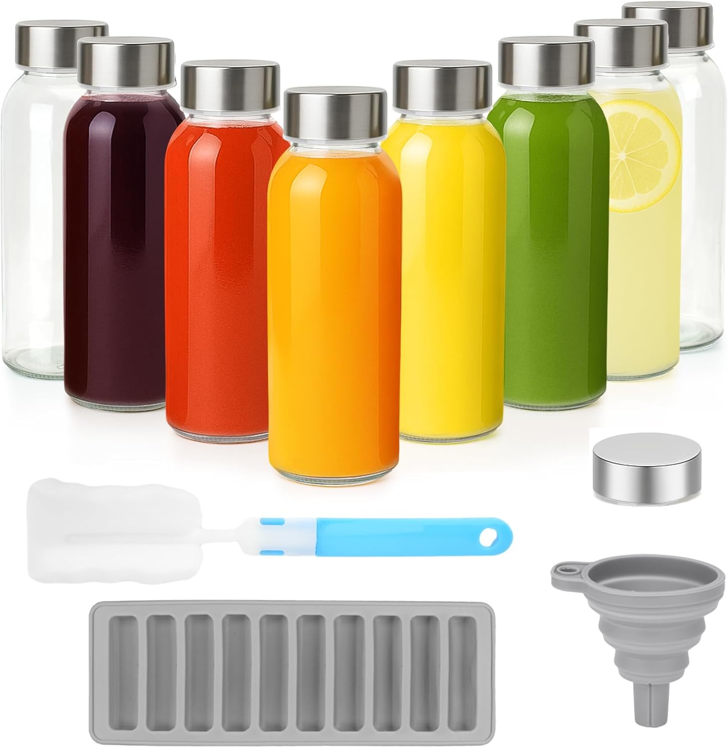 Zukro Glass Water Bottles with Lids 10.5 oz, 8 Pack Clear Reusable Glass Small Juice Bottles With Stainless Steel Cap for Juicing, Milk, Ginger Shot, BPA-Free Leak Proof 300ml Drinking Container Jar