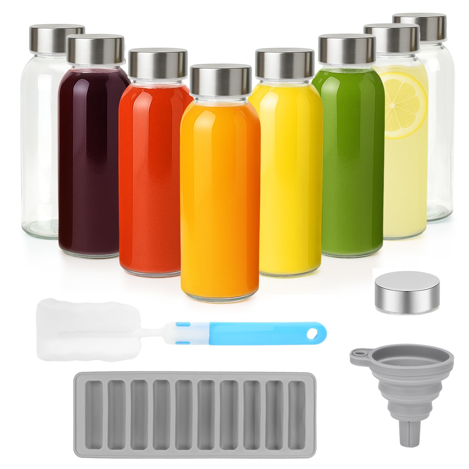 Zukro Glass Water Bottles with Lids 10.5 oz, 8 Pack Clear Reusable Glass Small Juice Bottles With Stainless Steel Cap for Juicing, Milk, Ginger Shot, BPA-Free Leak Proof 300ml Drinking Container Jar
